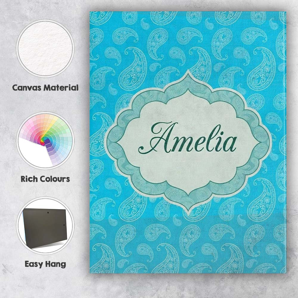 Personalised Name Bright Cyan Paisley Custom Modern Room Accent Creative Decorator Style Canvas Wall Art Print Decor Picture Ready to Hang