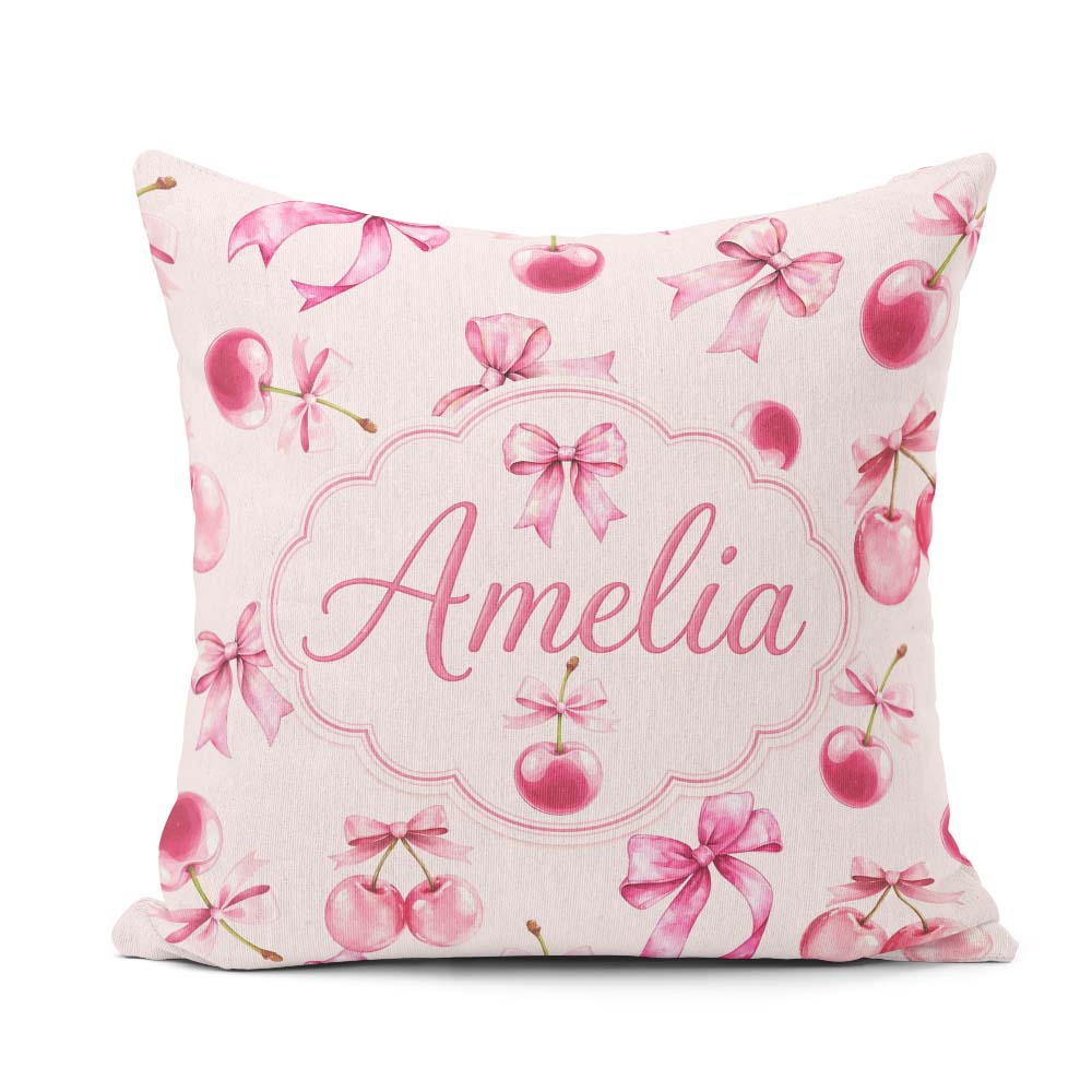 Custom Name Watercolor Pink Cherry Ribbon Seamless Pattern Blush Square Filled Cushion Throw Pillow Sofa Bed Home Decor Zip Washable UK Made