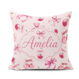 Custom Name Watercolor Pink Cherry Ribbon Seamless Pattern Blush Square Filled Cushion Throw Pillow Sofa Bed Home Decor Zip Washable UK Made