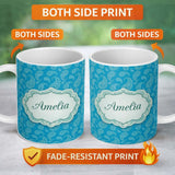 Personalized Custom Name Bright Blue Paisley Bandana Style Seamless Pattern Ornamental Name 11oz Ceramic Coffee Tea Mug White Large Handle