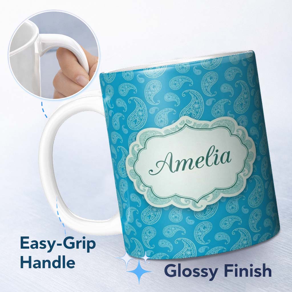 Personalized Custom Name Bright Blue Paisley Bandana Style Seamless Pattern Ornamental Name 11oz Ceramic Coffee Tea Mug White Large Handle