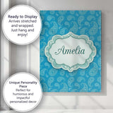 Personalised Name Bright Blue Paisley Custom Modern Room Accent Creative Decorator Style Canvas Wall Art Print Decor Picture Ready to Hang