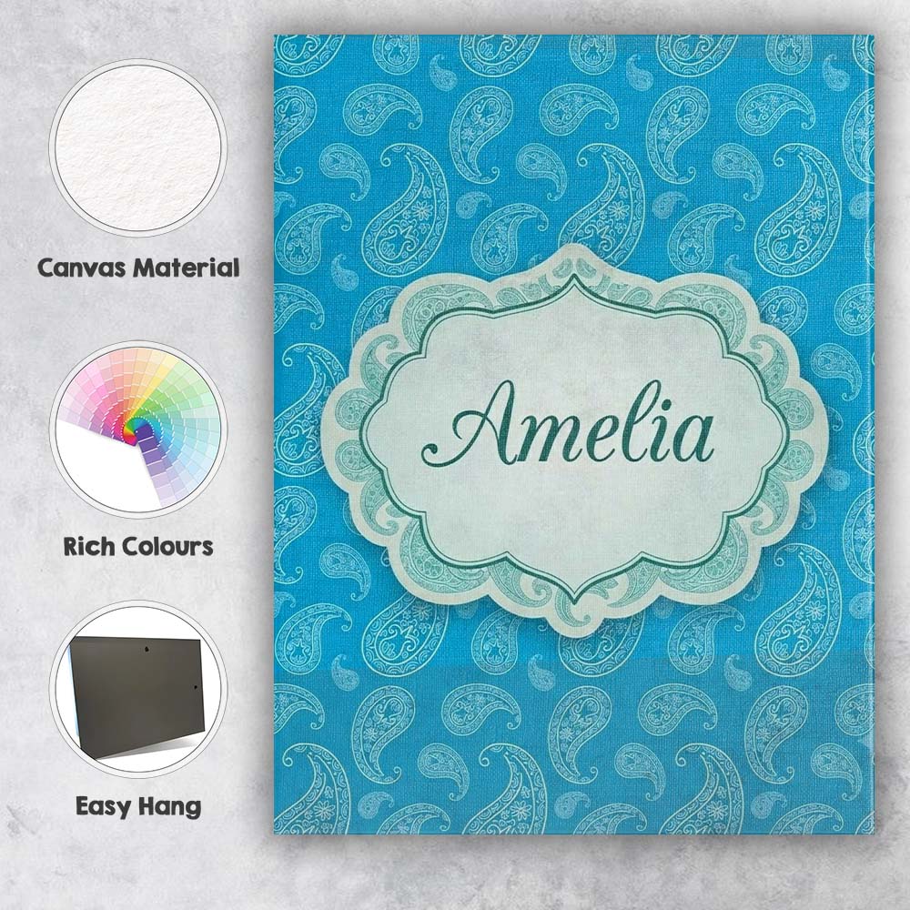 Personalised Name Bright Blue Paisley Custom Modern Room Accent Creative Decorator Style Canvas Wall Art Print Decor Picture Ready to Hang