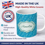 Personalized Custom Name Bright Blue Paisley Bandana Style Seamless Pattern Ornamental Name 11oz Ceramic Coffee Tea Mug White Large Handle