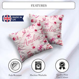Custom Name Watercolor Pink Cherry Ribbon Seamless Pattern Blush Square Filled Cushion Throw Pillow Sofa Bed Home Decor Zip Washable UK Made