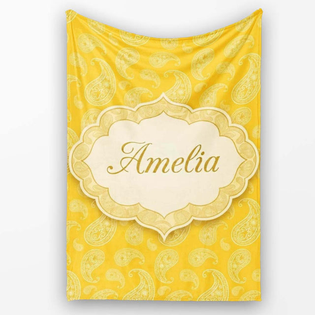 Yellow Paisley Bandana Style Seamless Pattern Ornamental Name Cute  Personalised Custom Name Super Soft Fleece Blanket Bed Sofa Throw
