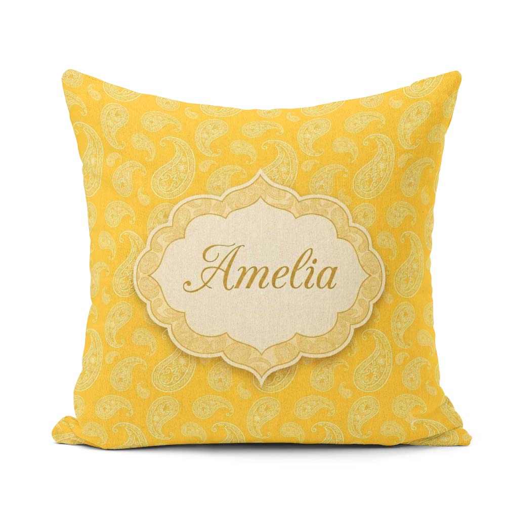Custom Name Yellow Paisley Bandana Style Pattern Ornamental Name Square Filled Cushion Throw Pillow Sofa Bed Home Decor Zip Washable UK Made