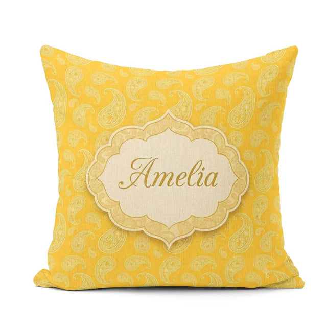 Custom Name Yellow Paisley Bandana Style Pattern Ornamental Name Square Filled Cushion Throw Pillow Sofa Bed Home Decor Zip Washable UK Made