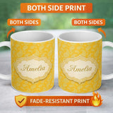 Personalized Custom Name Yellow Paisley Bandana Style Seamless Pattern Ornamental Name Cute 11oz Ceramic Coffee Tea Mug White Large Handle