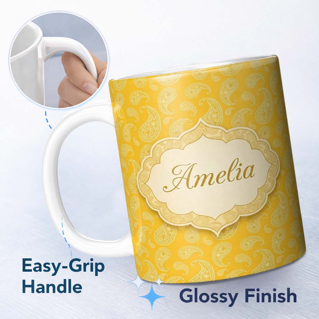 Personalized Custom Name Yellow Paisley Bandana Style Seamless Pattern Ornamental Name Cute 11oz Ceramic Coffee Tea Mug White Large Handle