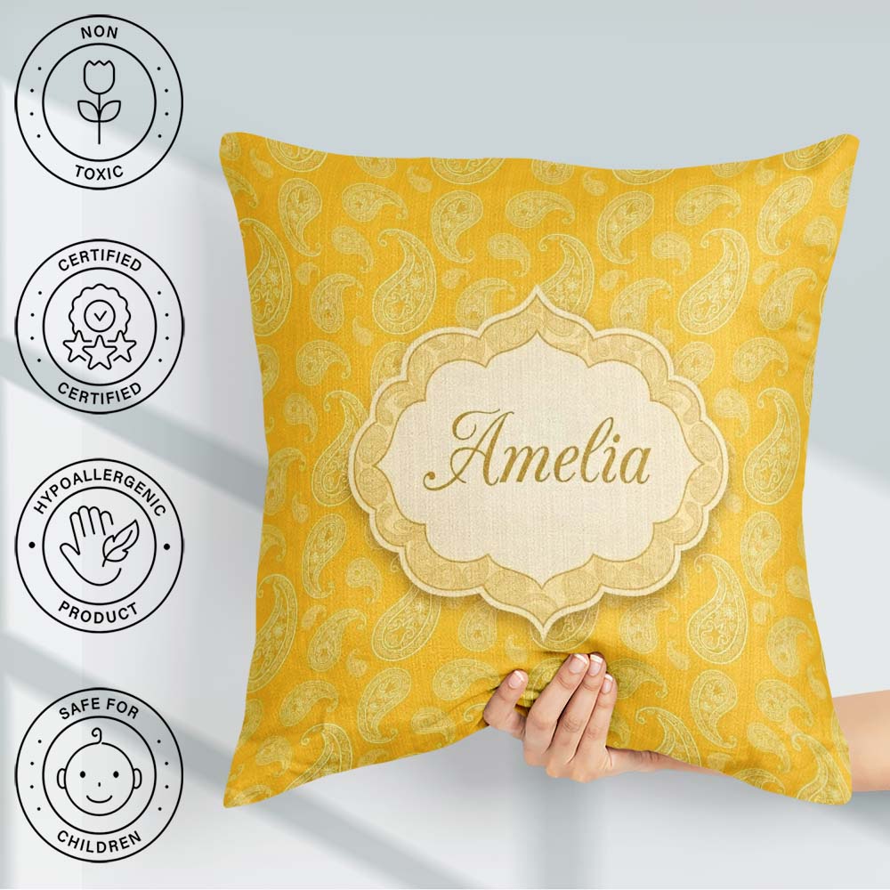 Custom Name Yellow Paisley Bandana Style Pattern Ornamental Name Square Filled Cushion Throw Pillow Sofa Bed Home Decor Zip Washable UK Made