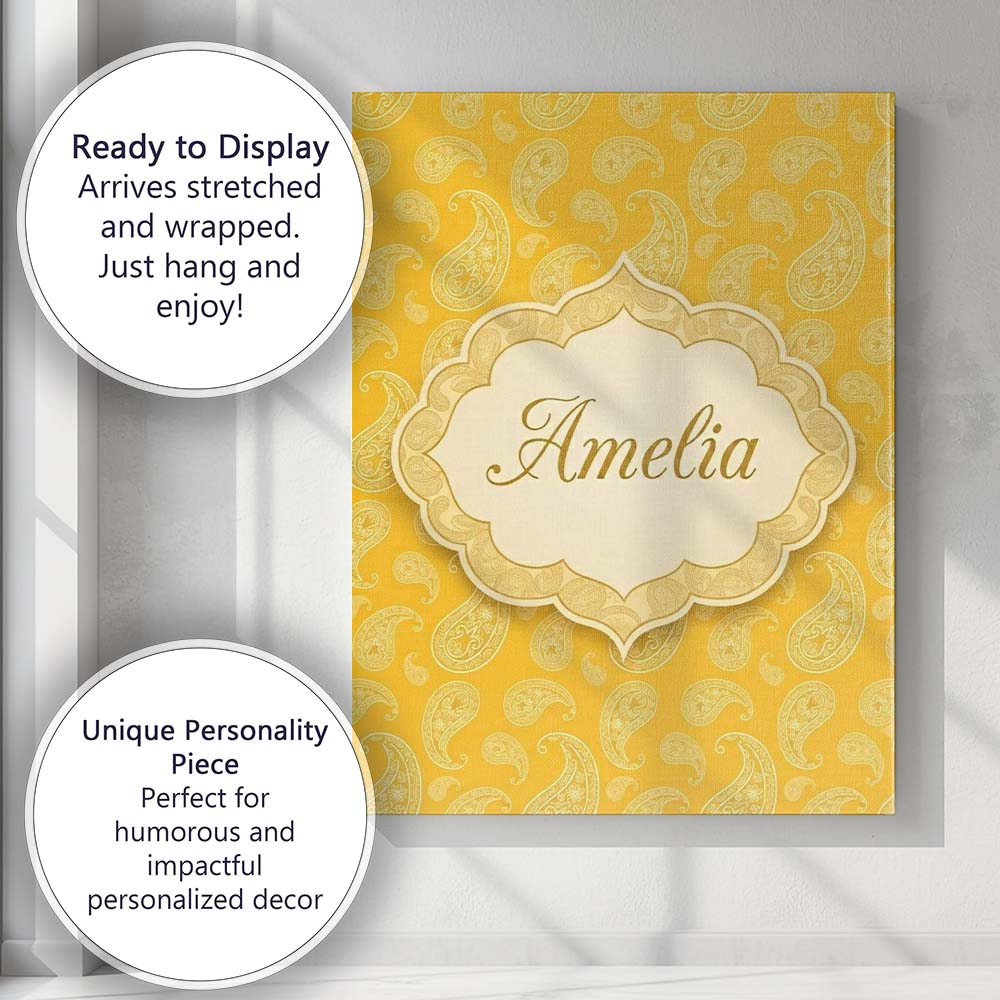 Personalised Name Yellow Paisley Bandana Custom  Unique Gift Idea Elegant Feature Canvas Wall Art Print Decor Picture Ready to Hang