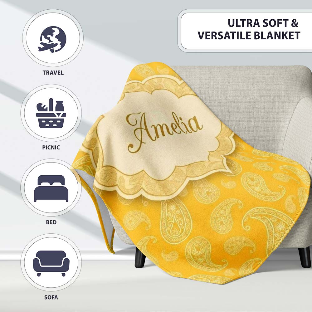 Yellow Paisley Bandana Style Seamless Pattern Ornamental Name Cute  Personalised Custom Name Super Soft Fleece Blanket Bed Sofa Throw