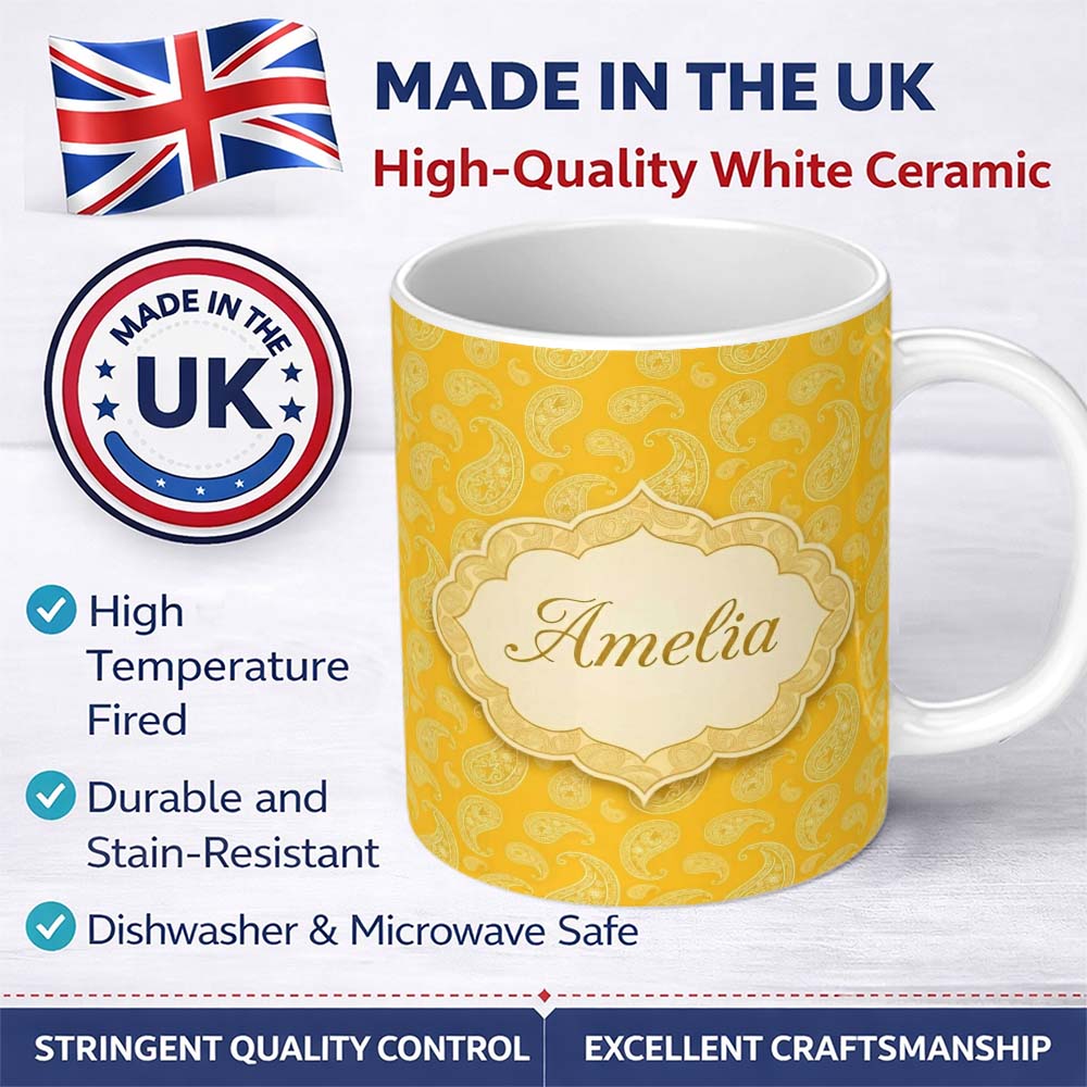 Personalized Custom Name Yellow Paisley Bandana Style Seamless Pattern Ornamental Name Cute 11oz Ceramic Coffee Tea Mug White Large Handle