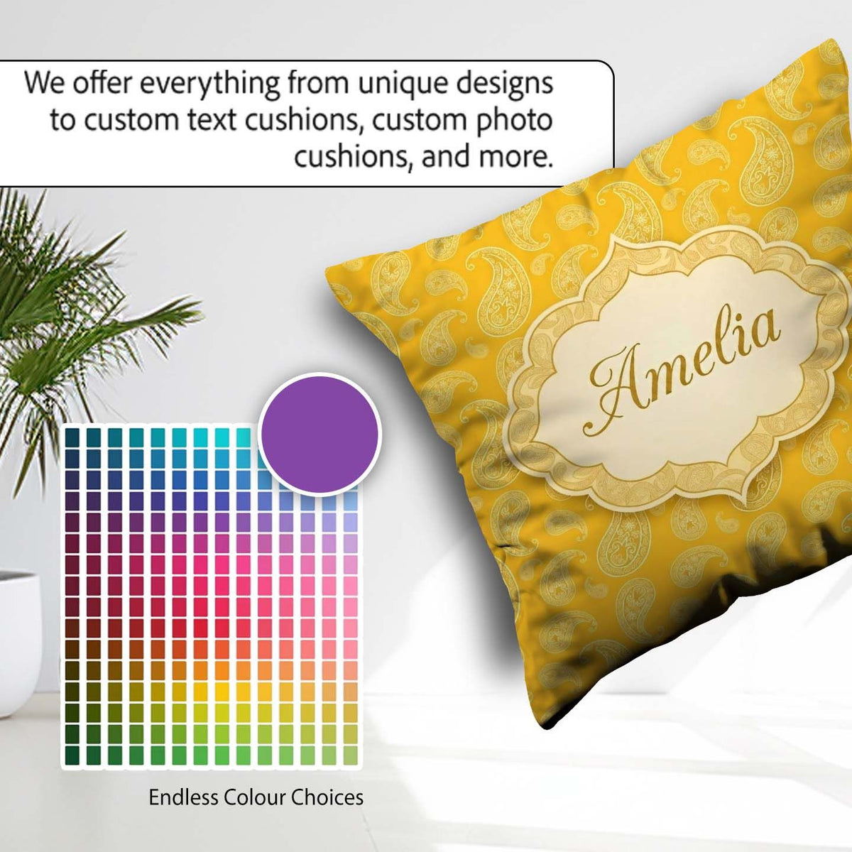 Custom Name Yellow Paisley Bandana Style Pattern Ornamental Name Square Filled Cushion Throw Pillow Sofa Bed Home Decor Zip Washable UK Made