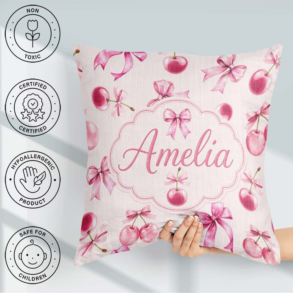 Custom Name Watercolor Pink Cherry Ribbon Seamless Pattern Blush Square Filled Cushion Throw Pillow Sofa Bed Home Decor Zip Washable UK Made
