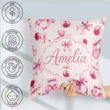 Custom Name Watercolor Pink Cherry Ribbon Seamless Pattern Blush Square Filled Cushion Throw Pillow Sofa Bed Home Decor Zip Washable UK Made