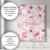 Personalised Name Watercolor Pink Cherry Ribbon Bow Seamless Pattern Custom  Home Canvas Wall Art Print Decor Picture Ready to Hang