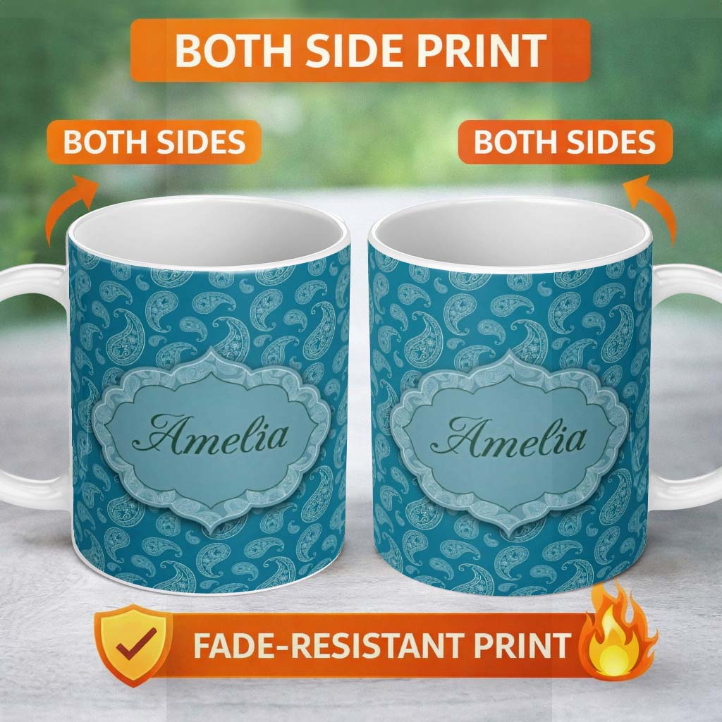 Personalized Custom Name Deep Teal Paisley Floral Bandana Seamless Pattern Name Cute Unique 11oz Ceramic Coffee Tea Mug White Large Handle