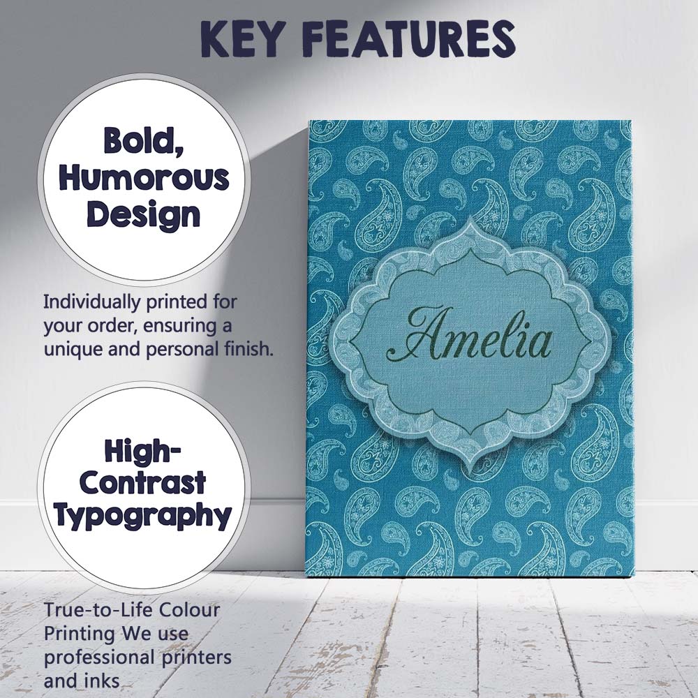 Personalised Name Deep Teal Paisley Floral Custom  Unique Gift Idea Elegant Feature Canvas Wall Art Print Decor Picture Ready to Hang
