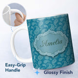 Personalized Custom Name Deep Teal Paisley Floral Bandana Seamless Pattern Name Cute Unique 11oz Ceramic Coffee Tea Mug White Large Handle