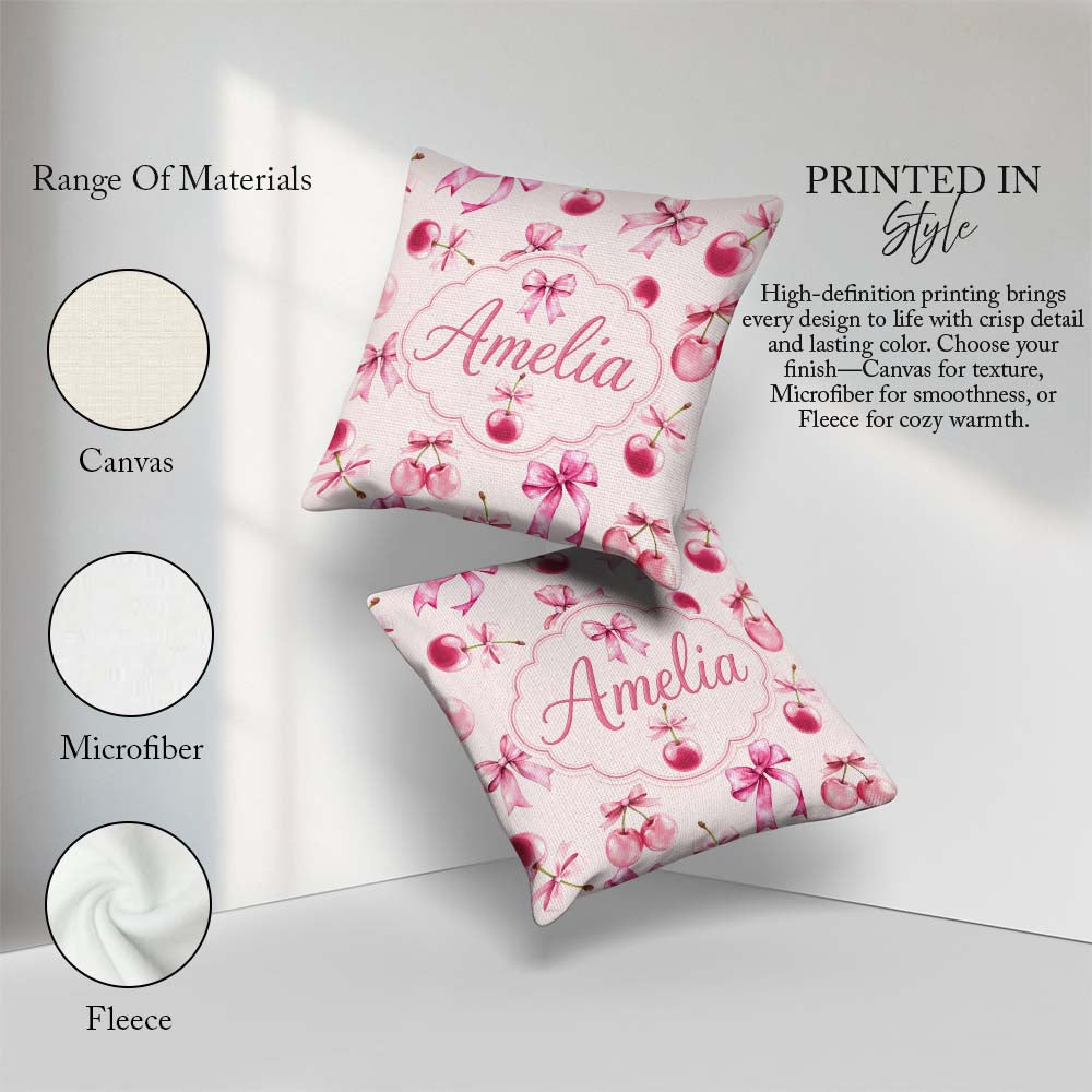 Custom Name Watercolor Pink Cherry Ribbon Seamless Pattern Blush Square Filled Cushion Throw Pillow Sofa Bed Home Decor Zip Washable UK Made