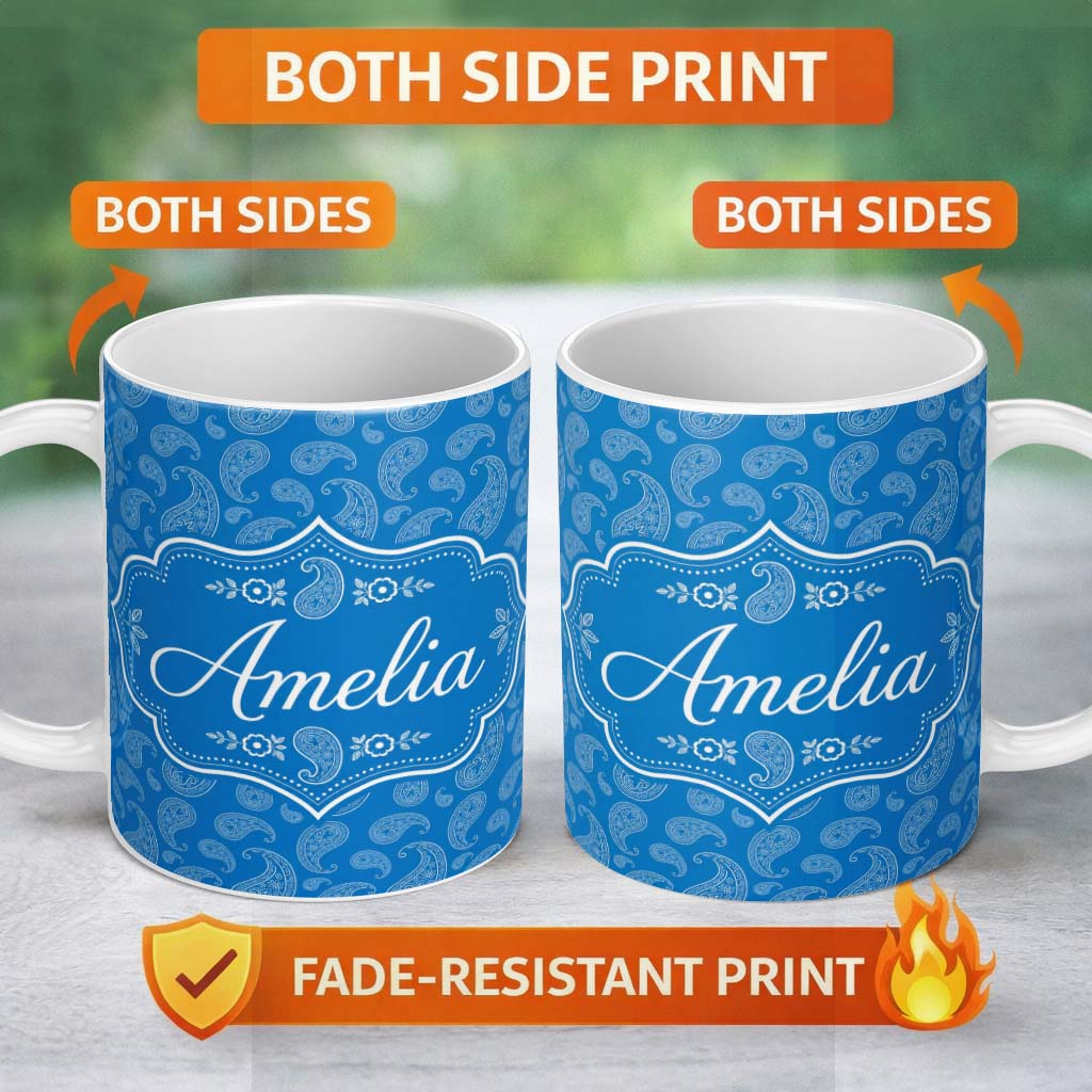Personalized Custom Name Rich Blue Paisley Vintage Bandana Seamless Pattern Design Custom 11oz Ceramic Coffee Tea Mug White Large Handle