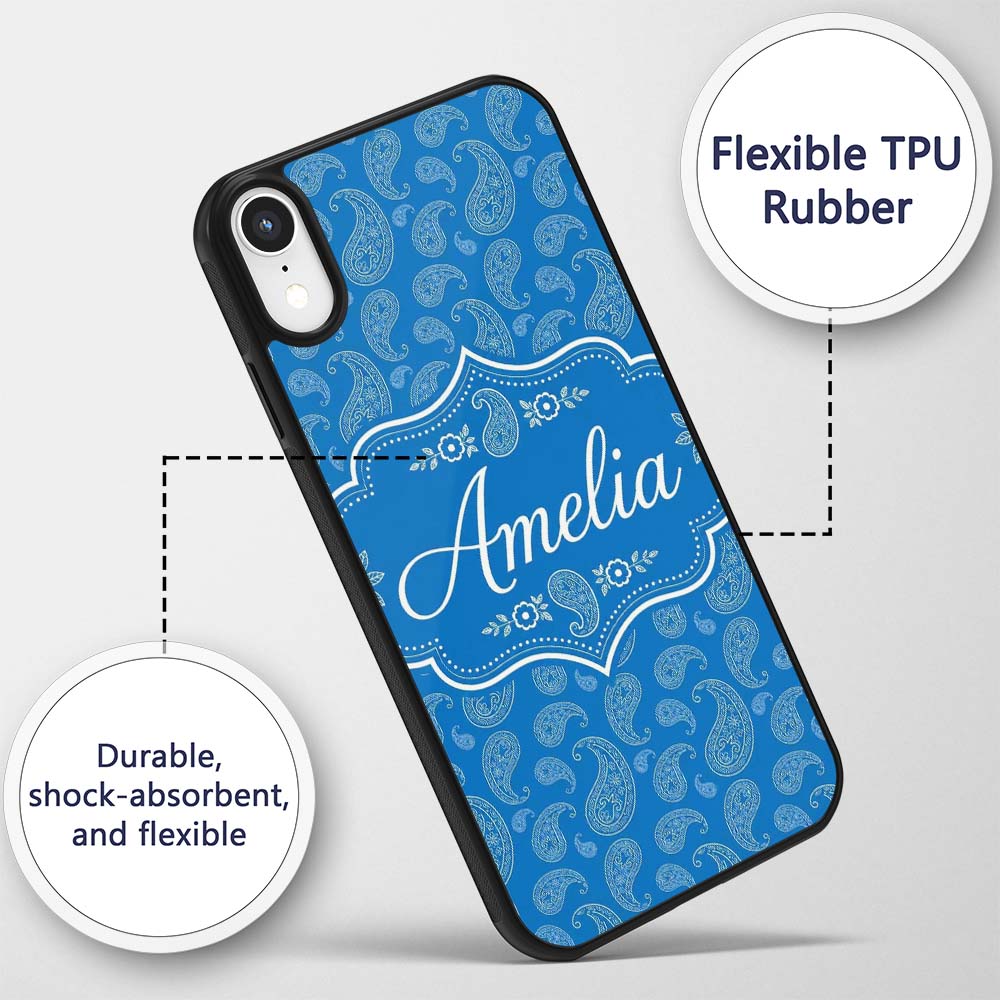 Rich Blue Paisley Vintage Bandana Printed Design Custom Name Protective Phone Case Mobile Cover Durable Everyday Smartphone Shock Resistant