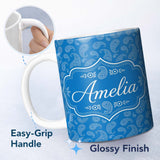 Personalized Custom Name Rich Blue Paisley Vintage Bandana Seamless Pattern Design Custom 11oz Ceramic Coffee Tea Mug White Large Handle