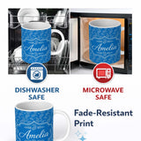 Personalized Custom Name Rich Blue Paisley Vintage Bandana Seamless Pattern Design Custom 11oz Ceramic Coffee Tea Mug White Large Handle