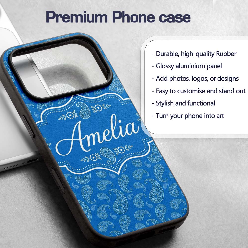 Rich Blue Paisley Vintage Bandana Printed Design Custom Name Protective Phone Case Mobile Cover Durable Everyday Smartphone Shock Resistant