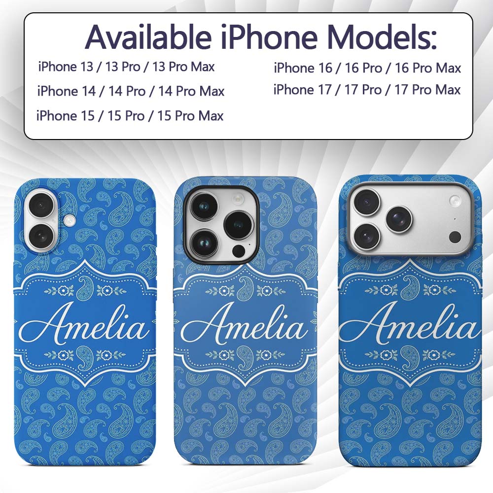 Rich Blue Paisley Vintage Bandana Printed Design Custom Name Protective Phone Case Mobile Cover Durable Everyday Smartphone Shock Resistant