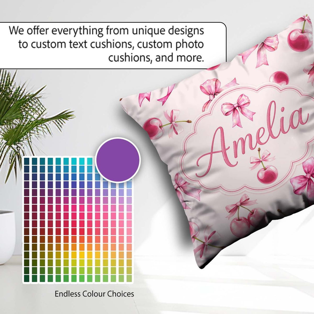Custom Name Watercolor Pink Cherry Ribbon Seamless Pattern Blush Square Filled Cushion Throw Pillow Sofa Bed Home Decor Zip Washable UK Made