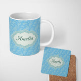 Personalized Custom Name Soft Sky Blue Paisley Decorative Floral Seamless Pattern Name Cute 11oz Ceramic Coffee Tea Mug White Large Handle