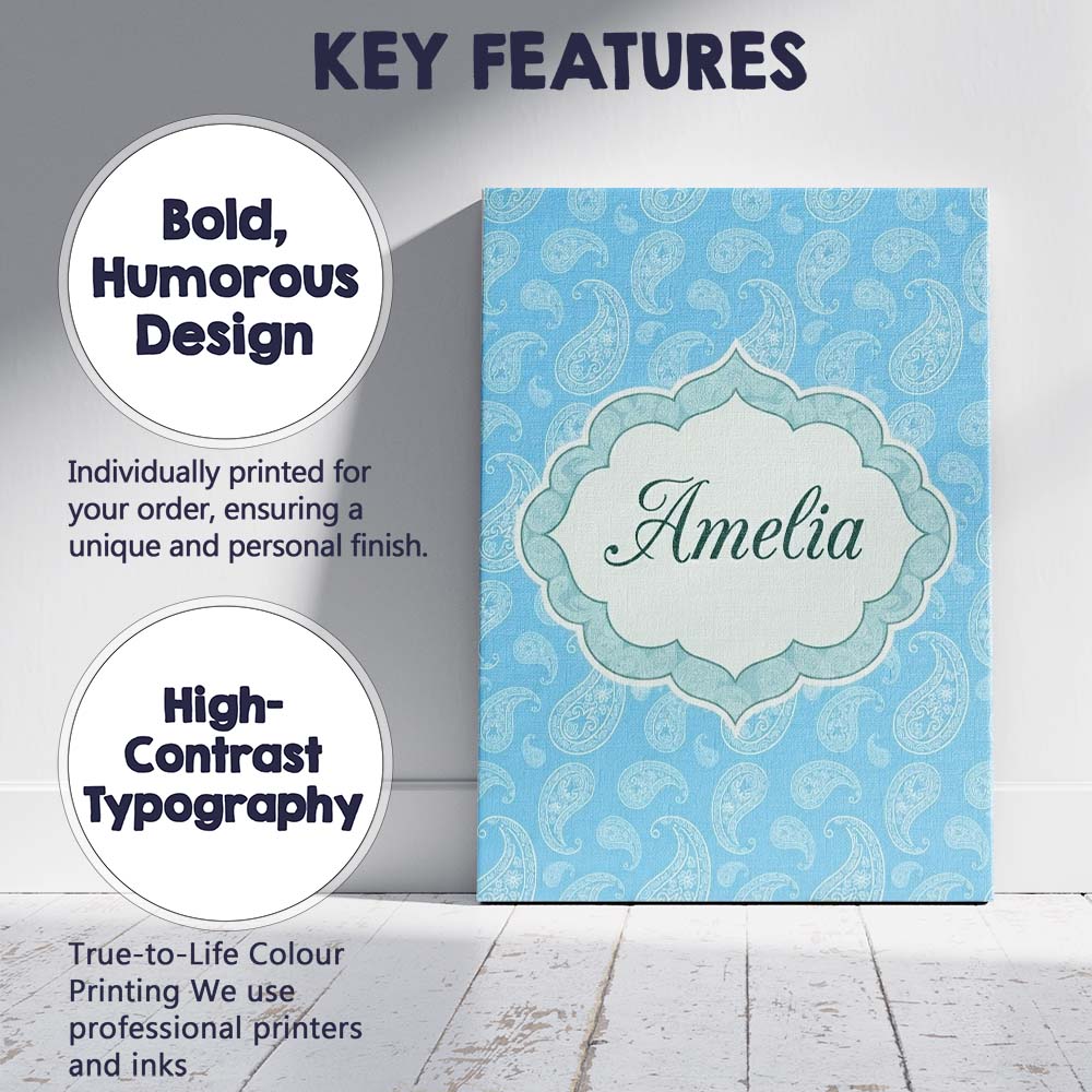 Personalised Name Soft Sky Blue Paisley Custom  Modern Room Accent Elegant Feature Canvas Wall Art Print Decor Picture Ready to Hang