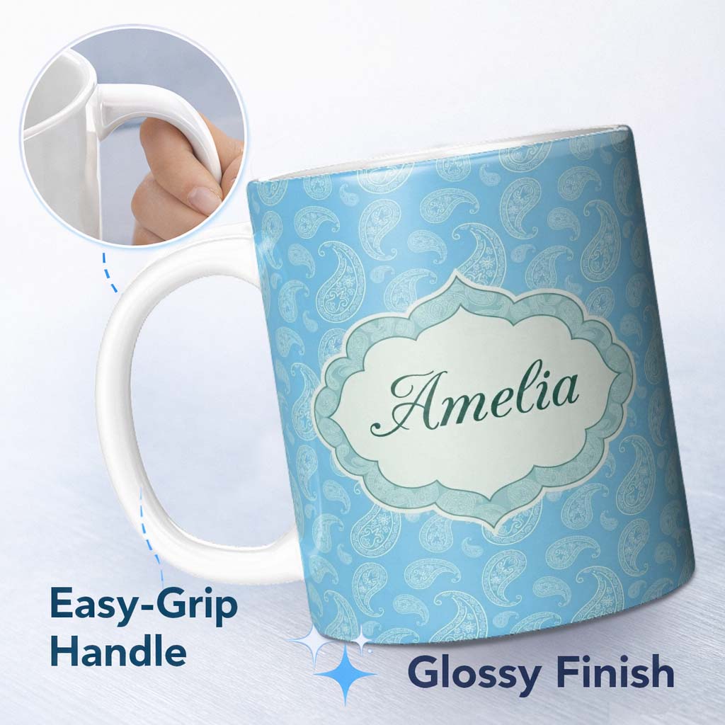 Personalized Custom Name Soft Sky Blue Paisley Decorative Floral Seamless Pattern Name Cute 11oz Ceramic Coffee Tea Mug White Large Handle