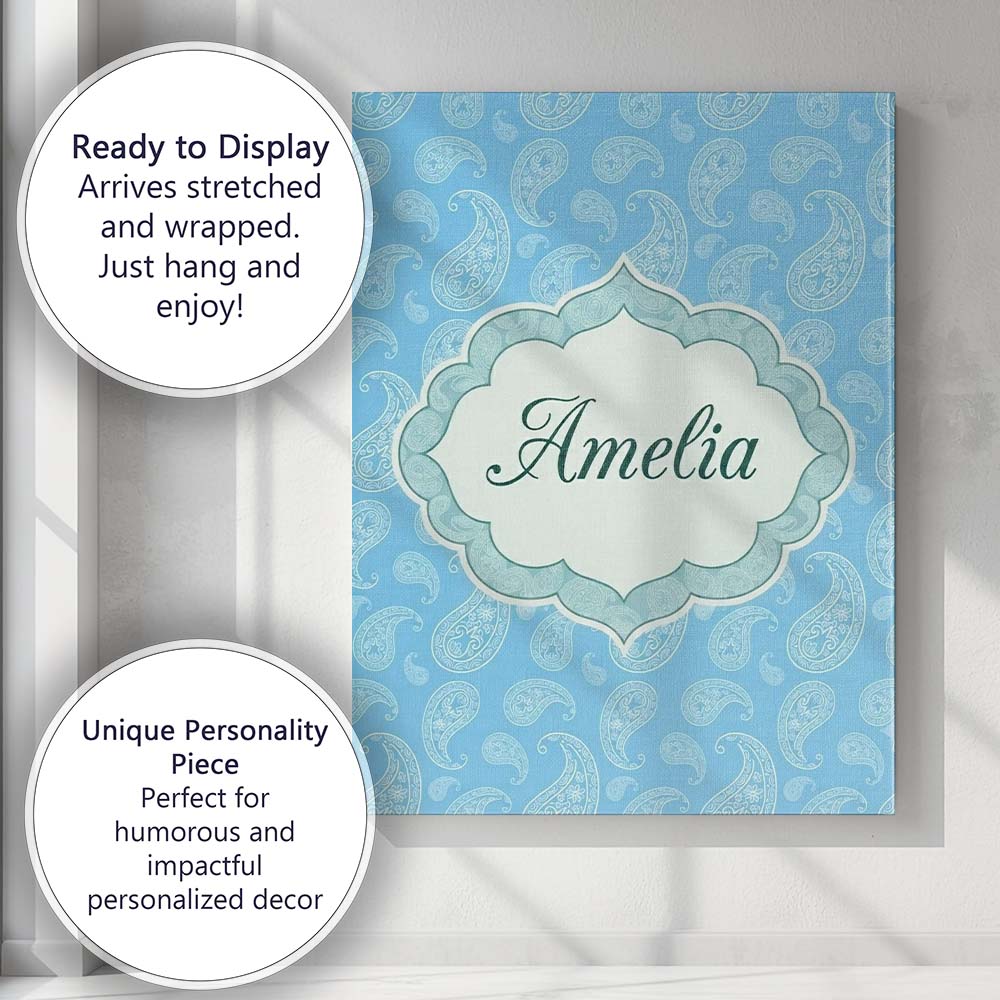 Personalised Name Soft Sky Blue Paisley Custom  Modern Room Accent Elegant Feature Canvas Wall Art Print Decor Picture Ready to Hang