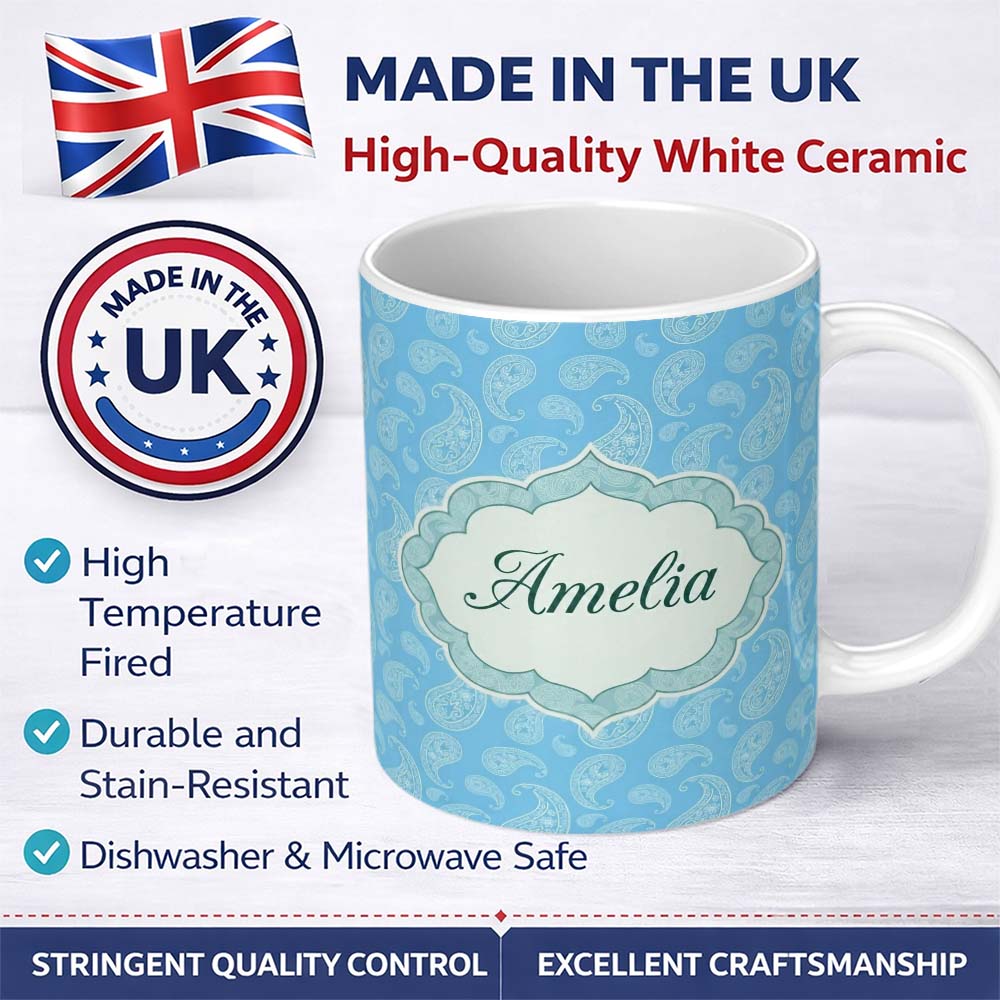 Personalized Custom Name Soft Sky Blue Paisley Decorative Floral Seamless Pattern Name Cute 11oz Ceramic Coffee Tea Mug White Large Handle