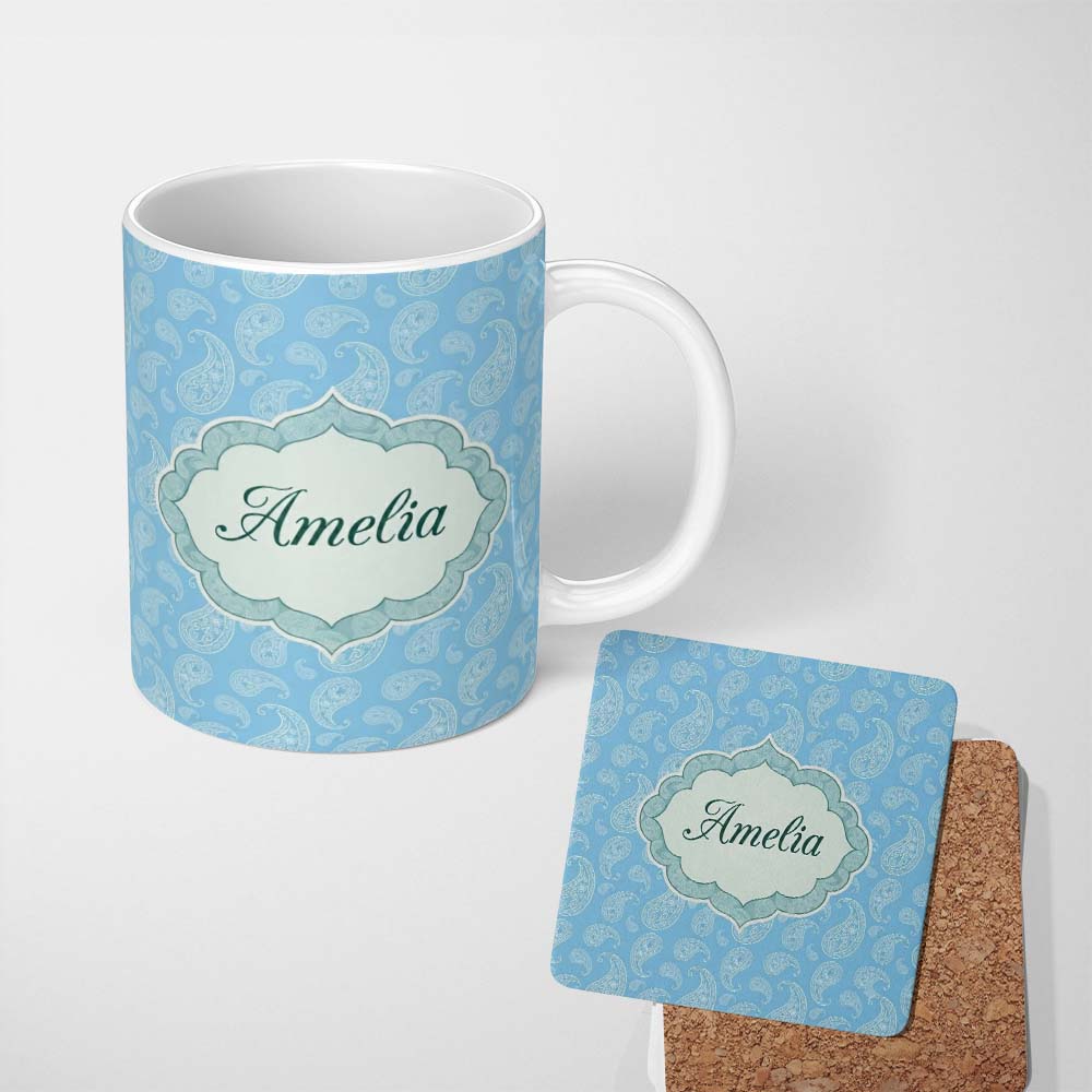 Personalized Custom Name Light Aqua Paisley Ornamental Bandana Seamless Pattern Design Name 11oz Ceramic Coffee Tea Mug White Large Handle