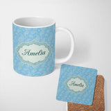 Personalized Custom Name Light Aqua Paisley Ornamental Bandana Seamless Pattern Design Name 11oz Ceramic Coffee Tea Mug White Large Handle