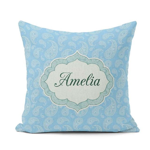 Custom Name Light Aqua Paisley Ornamental Bandana Pattern Design Square Filled Cushion Throw Pillow Sofa Bed Home Decor Zip Washable UK Made