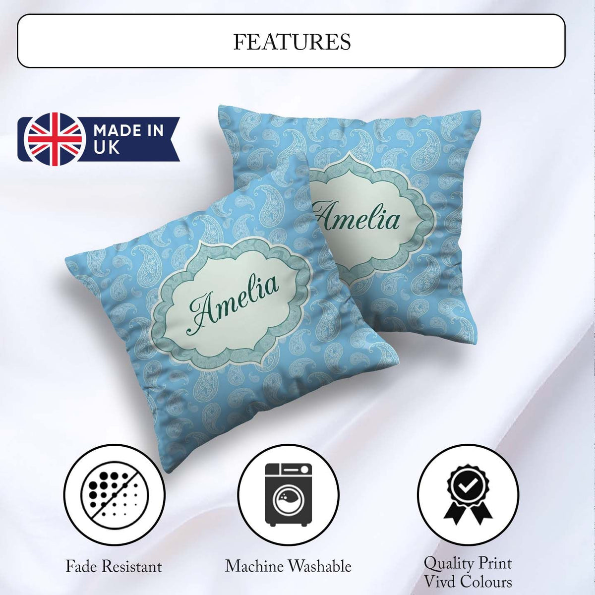 Custom Name Light Aqua Paisley Ornamental Bandana Pattern Design Square Filled Cushion Throw Pillow Sofa Bed Home Decor Zip Washable UK Made