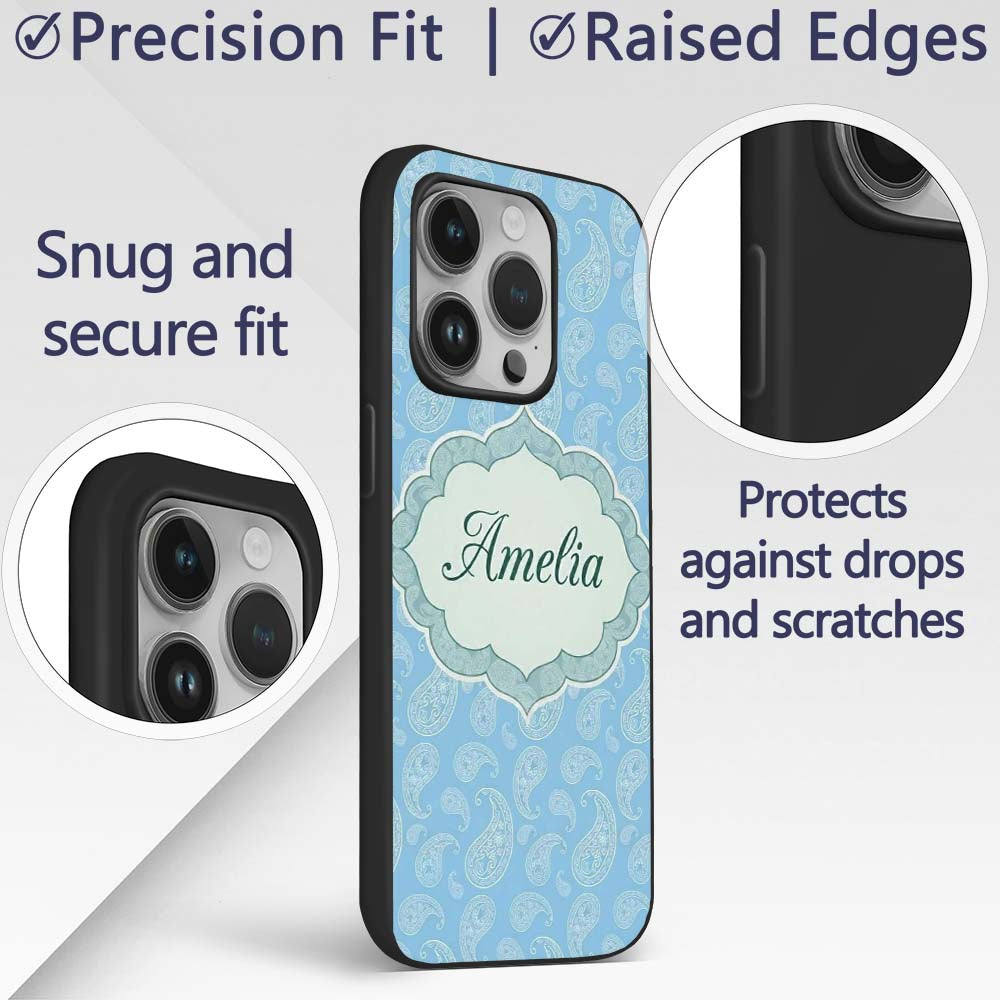 Light Aqua Paisley Ornamental Bandana Seamless Custom Name Protective Phone Case Mobile Cover Durable Everyday Smartphone Shock Resistant