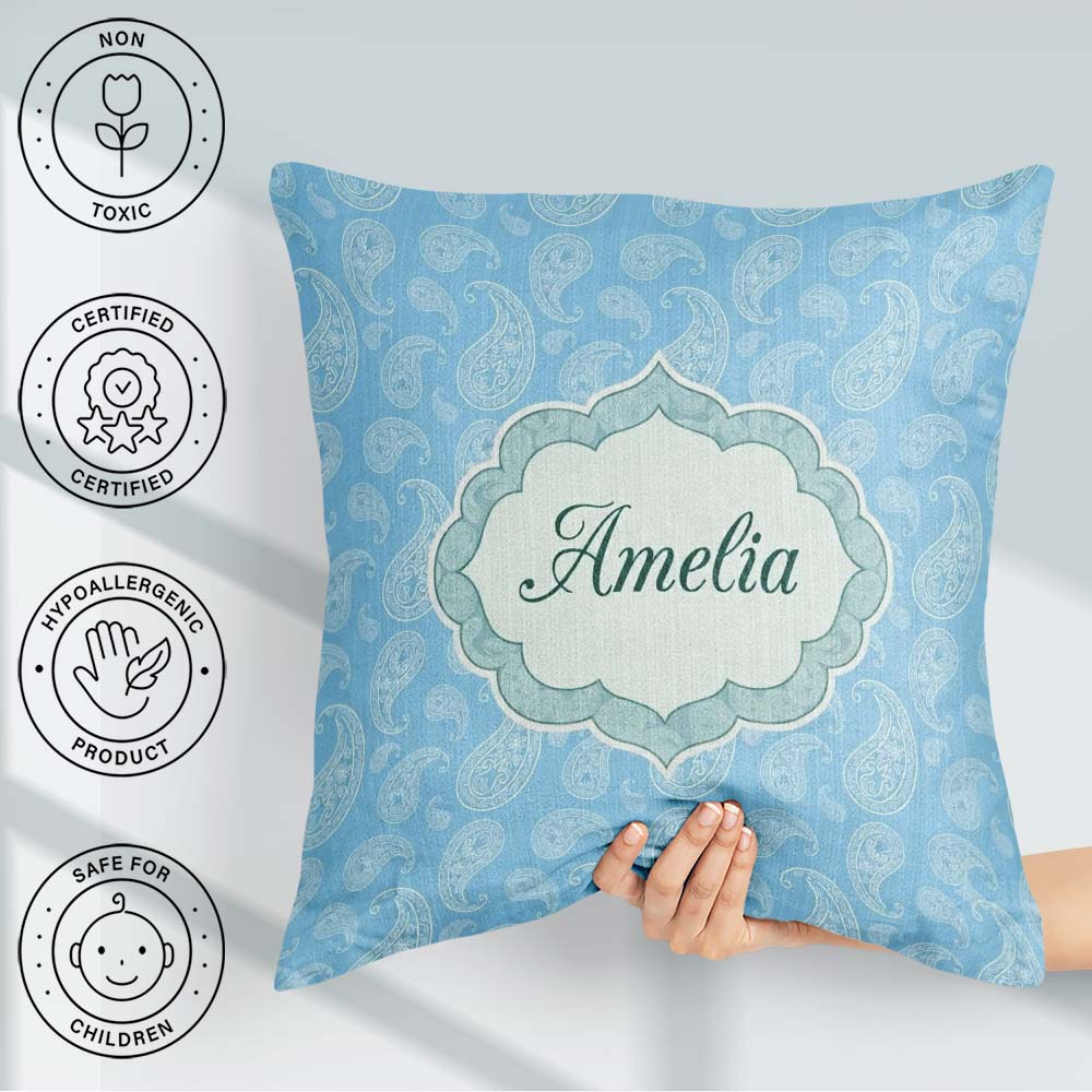 Custom Name Light Aqua Paisley Ornamental Bandana Pattern Design Square Filled Cushion Throw Pillow Sofa Bed Home Decor Zip Washable UK Made