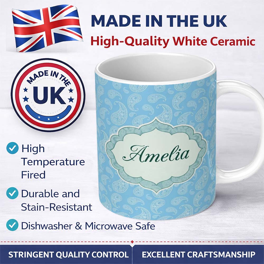Personalized Custom Name Light Aqua Paisley Ornamental Bandana Seamless Pattern Design Name 11oz Ceramic Coffee Tea Mug White Large Handle