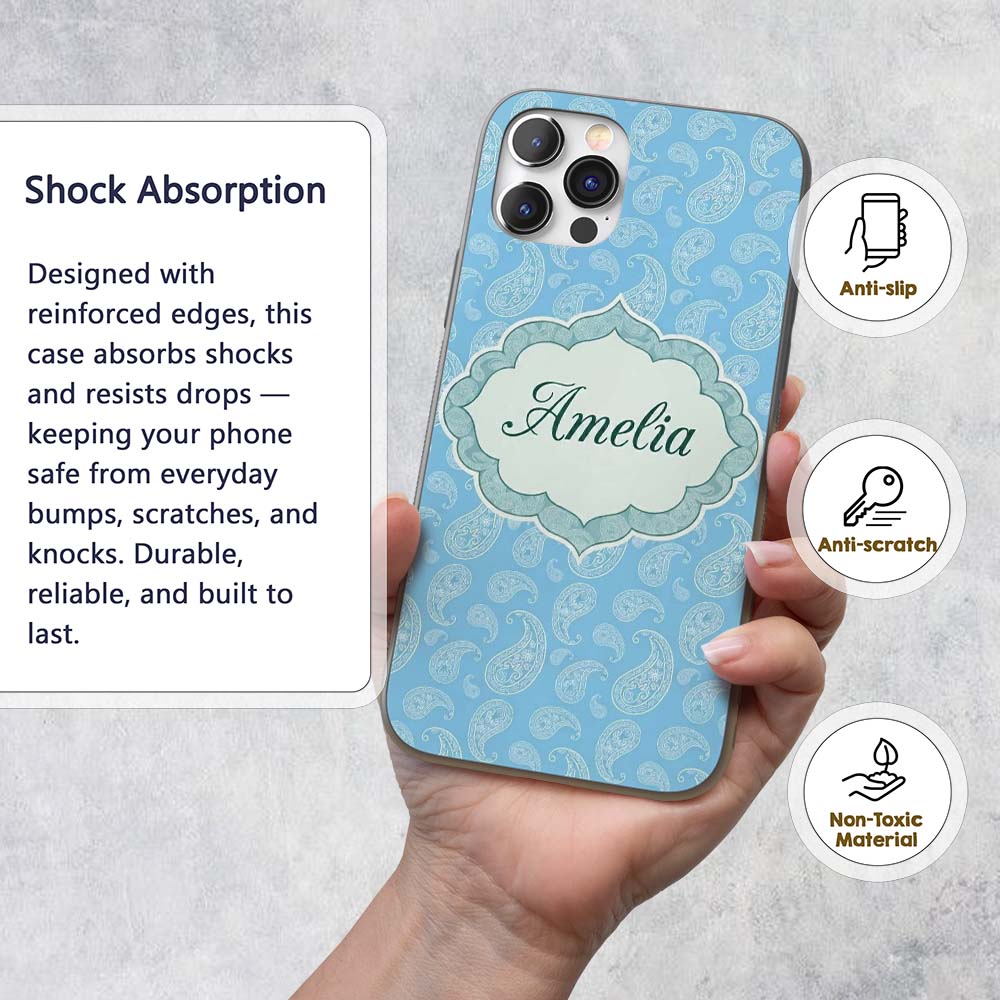 Light Aqua Paisley Ornamental Bandana Seamless Custom Name Protective Phone Case Mobile Cover Durable Everyday Smartphone Shock Resistant