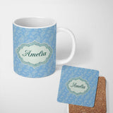 Personalized Custom Name Muted Blue Paisley Vintage Floral Seamless Pattern Name Cute Unique 11oz Ceramic Coffee Tea Mug White Large Handle