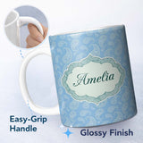 Personalized Custom Name Muted Blue Paisley Vintage Floral Seamless Pattern Name Cute Unique 11oz Ceramic Coffee Tea Mug White Large Handle