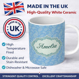 Personalized Custom Name Muted Blue Paisley Vintage Floral Seamless Pattern Name Cute Unique 11oz Ceramic Coffee Tea Mug White Large Handle