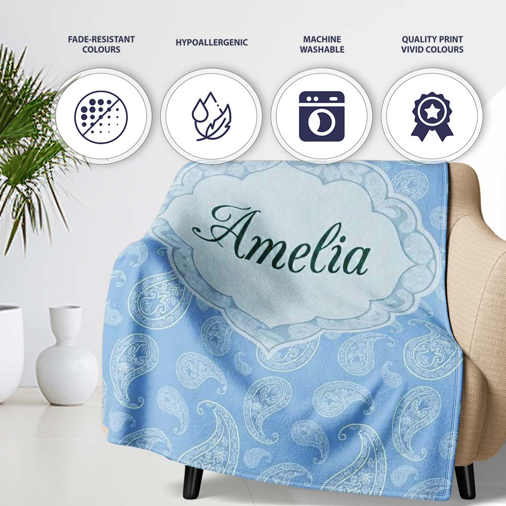 Cool Blue Paisley Decorative Bandana Seamless Pattern Design Name  Personalised Custom Name Super Soft Fleece Blanket Bed Sofa Throw